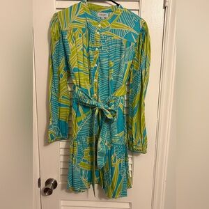 Vibrant Teal & Lime Leaf-Print Button-Front Women’s Dress/worn once